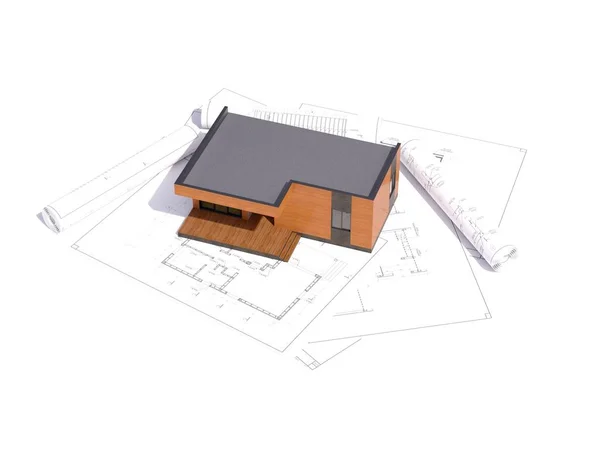 建設中のモダンなフレームの建物の3Dレンダリング 住宅プロジェクトや建設小道具と建設の詳細な概念 現代の家の3Dイラスト 現代住宅事業の概念 — ストック写真