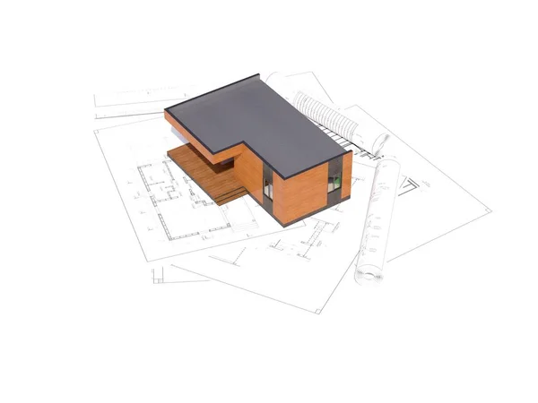 建設中のモダンなフレームの建物の3Dレンダリング 住宅プロジェクトや建設小道具と建設の詳細な概念 現代の家の3Dイラスト 現代住宅事業の概念 — ストック写真