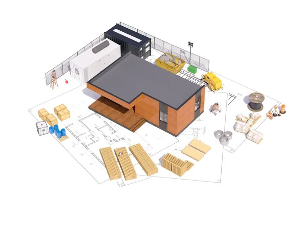 モダンなフレームの建物の3Dレンダリング 住宅プロジェクトや建設小道具と建設の詳細な概念 現代の家の3Dイラスト — ストック写真