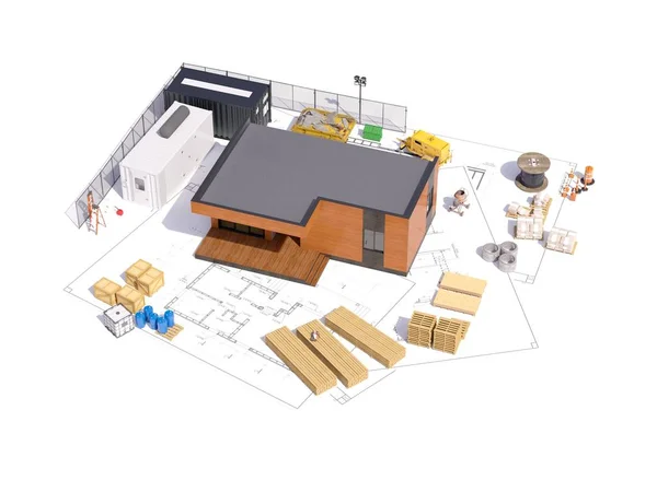 现代框架建筑的三维渲染 详细的建筑工程概念和建筑道具 现代房屋3D图解 免版税图库照片