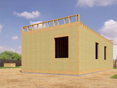 Modern bir binanın 3 boyutlu tasarımı - detaylı yapı kavramı. İnşaat alanı olan modern evin 3D çizimi.