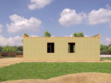 Modern bir binanın 3 boyutlu tasarımı - detaylı yapı kavramı. İnşaat alanı olan modern evin 3D çizimi.