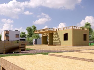Modern bir binanın 3 boyutlu tasarımı - detaylı yapı kavramı. İnşaat alanı olan modern evin 3D çizimi.