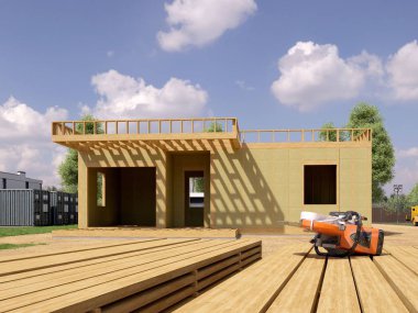 Modern bir binanın 3 boyutlu tasarımı - detaylı yapı kavramı. İnşaat alanı olan modern evin 3D çizimi.