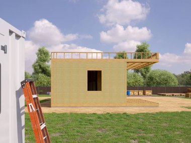Modern bir binanın 3 boyutlu tasarımı - detaylı yapı kavramı. İnşaat alanı olan modern evin 3D çizimi.