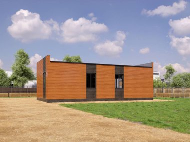 Modern bir binanın 3 boyutlu tasarımı - detaylı yapı kavramı. İnşaat alanı olan modern evin 3D çizimi.