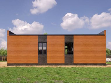 Modern bir binanın 3 boyutlu tasarımı - detaylı yapı kavramı. İnşaat alanı olan modern evin 3D çizimi.