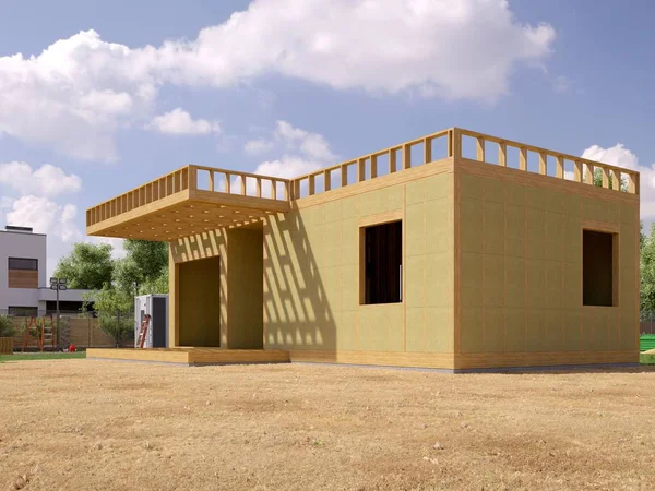 Modern bir binanın 3 boyutlu tasarımı - detaylı yapı kavramı. İnşaat alanı olan modern evin 3D çizimi.