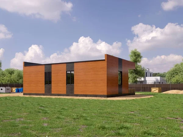 現代的なフレームの建物の3Dレンダリング 建設の詳細な概念 建設現場と現代の家の3Dイラスト — ストック写真