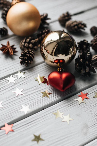 Close Pine Cones Christmas Decoration White Wooden Table — Stock Photo, Image