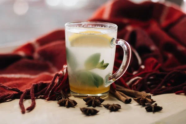 Nahaufnahme Von Köstlichem Heißen Tee Mit Gewürzen Und Kräutern Auf — Stockfoto