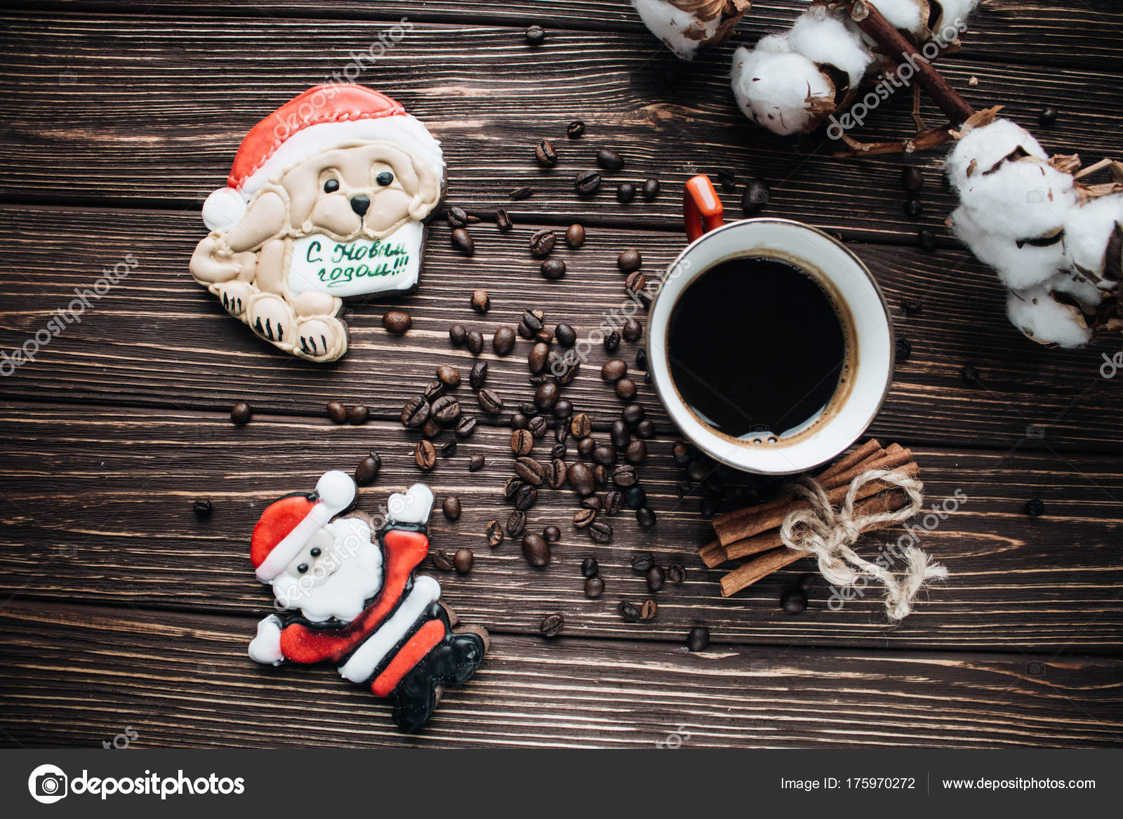 Kavrulmuş Kahve Çekirdekleri Fincan Kahve Pamuk Çiçek Noel Kurabiyeleri