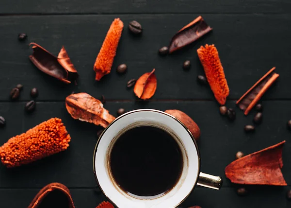 Cup Hot Coffee Dried Herbs Coffee Beans Dark Wooden Table — Stock Photo, Image