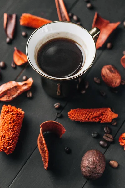 Cup Hot Coffee Dried Herbs Coffee Beans Dark Wooden Table — Stock Photo, Image