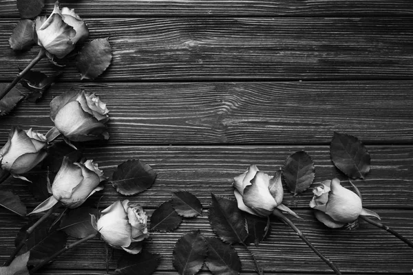 Gyönyörű Rózsák Deszka Háttér Fekete Fehér — Stock Fotó