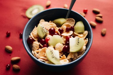 kivi parçaları ve kızılcık kase, kırmızı zemin üzerine sağlıklı kahvaltı lezzetli çıtır Mısır gevreği