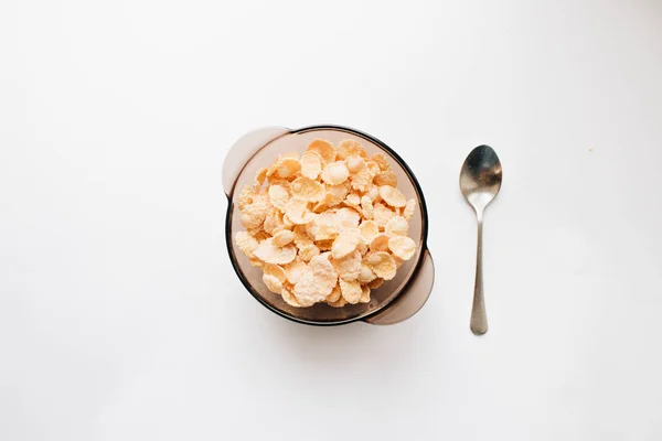 Delicious Crispy Cornflakes Bowl Spoon White Background Healthy Breakfast — Stock Photo, Image