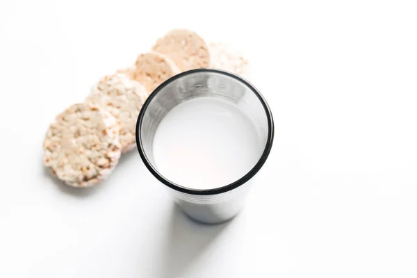 Crisp Bread Glass Milk Isolated White Background Healthy Breakfast — Stock Photo, Image