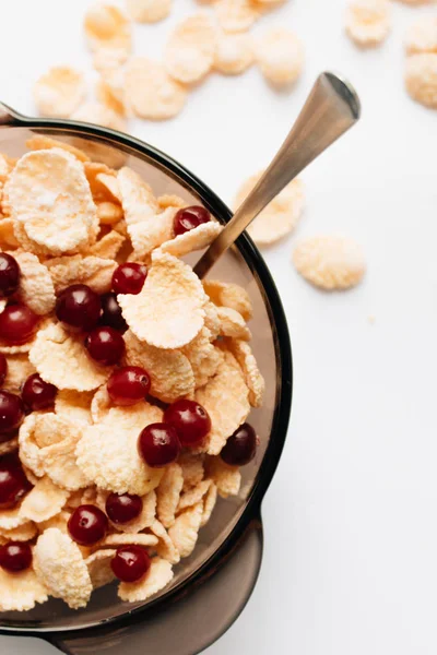 Delicious Crispy Cornflakes Cranberries Bowl White Background Closeup Healthy Breakfast — Stock Photo, Image