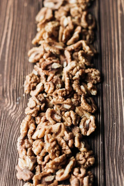 Pile Shelled Walnuts Wooden Background Healthy Eating Concept — Stock Photo, Image