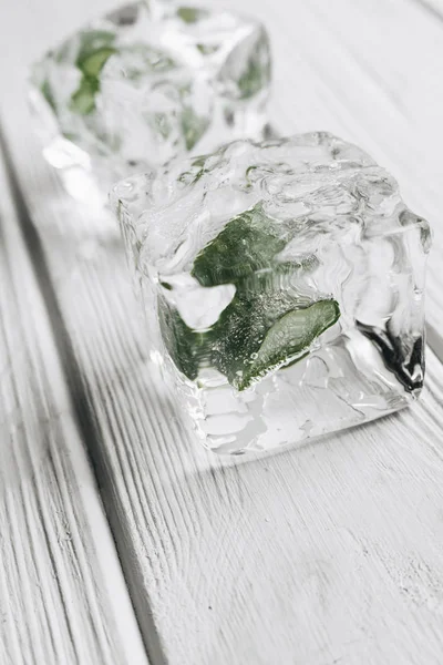 Cubo Gelo Com Aloe Congelado Interior Textura Madeira Branca — Fotografia de Stock