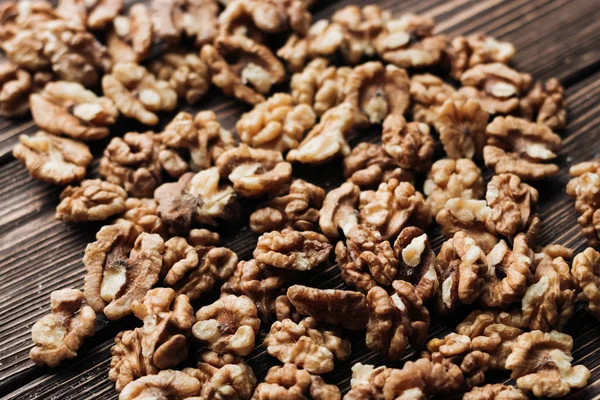 Pile Shelled Walnuts Wooden Background Healthy Eating Concept — Stock Photo, Image