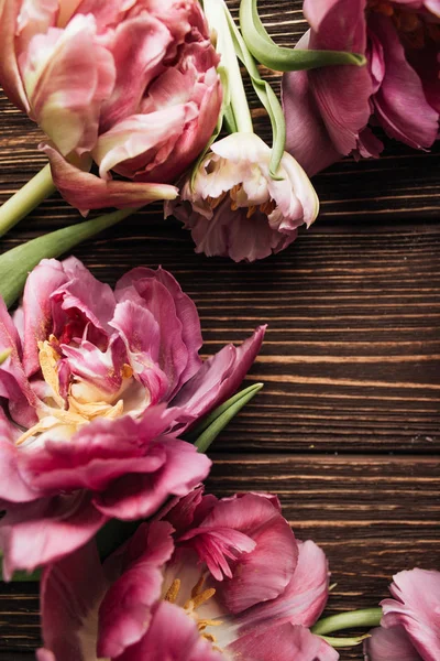 Ramki Wokół Piękny Różowy Wiosna Kwiatów Podłoże Drewniane — Zdjęcie stockowe