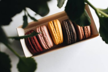 kutusu ile lezzetli parlak macaroons, tatlı tatlı 