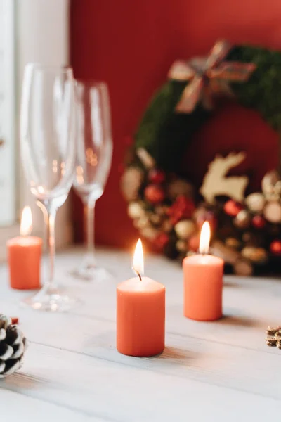 Table Setting Christmas Decoration Candles — Stock Photo, Image