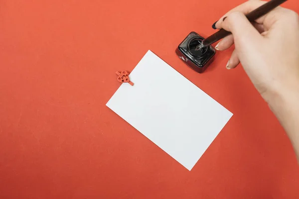 Woman Writing Card Vintage Dip Pen Inkpot Red Background — 스톡 사진