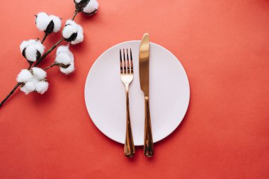 white plate, fork, knife and cotton flowers on red table, elegant tableware 