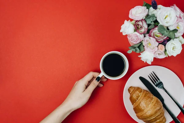 Top View Cup Coffee Flowers Red — Stock Photo, Image