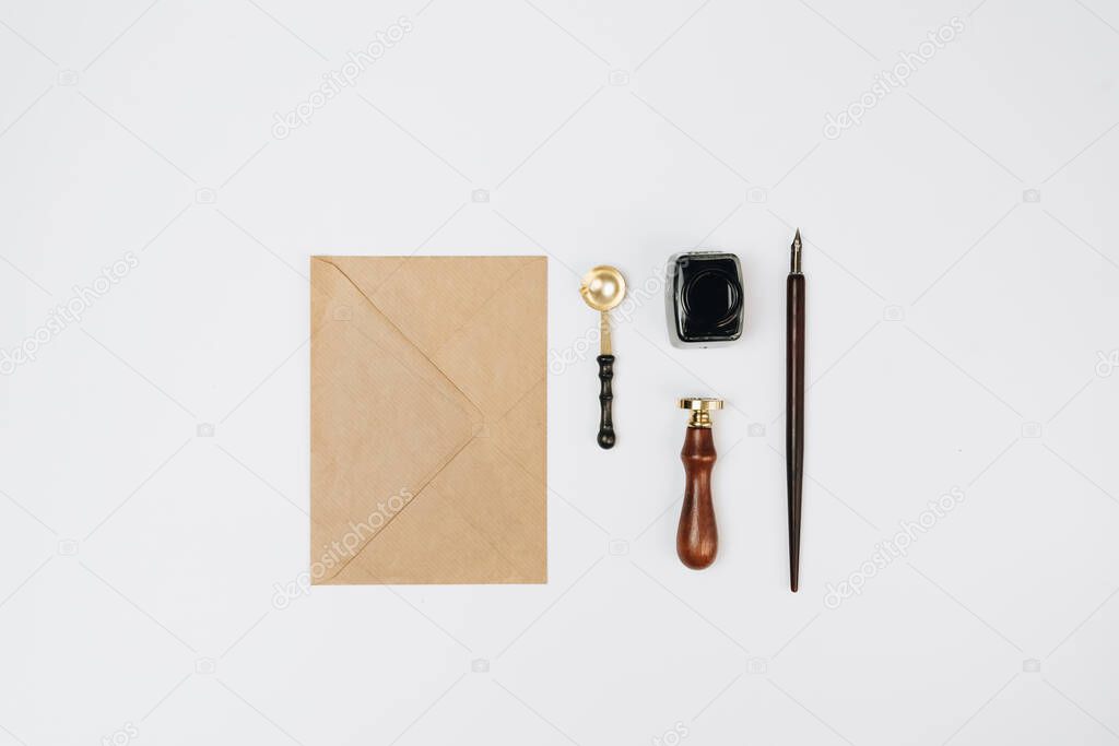 blank paper notebook, envelope, pen, stationery, supplies, tablet, diary