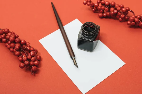 Set Vintage Dip Pen Inkpot Blank Paper Sheet Red Background — 스톡 사진