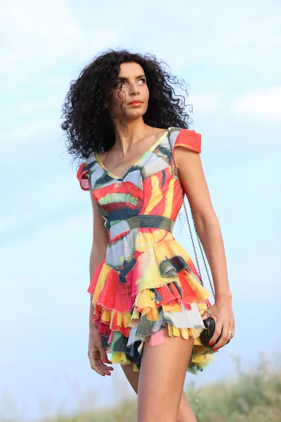 Beautiful brunette woman in a field at sunset — Stock Photo, Image