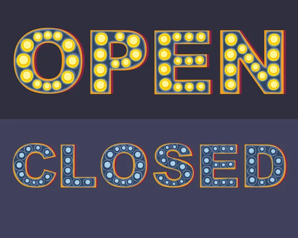 Açık ve kapalı retro tabelalar ampuller ile. Vektör çizim.