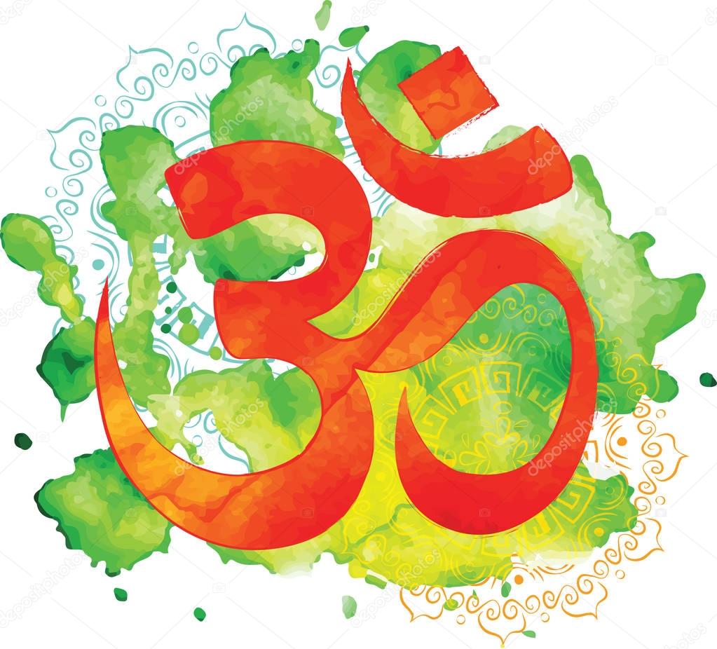 Om sign. Watercolor background.