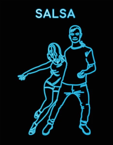 Esquema de neón chico y chica bailando salsa Vector de stock