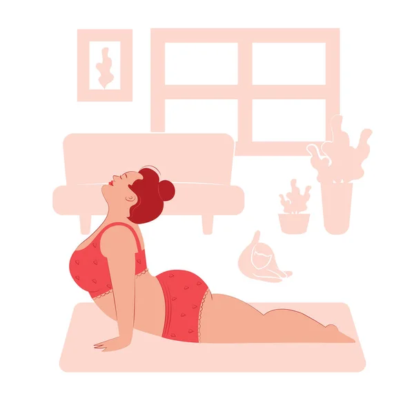 Corpo positivo. Fazer ioga em casa — Vetor de Stock