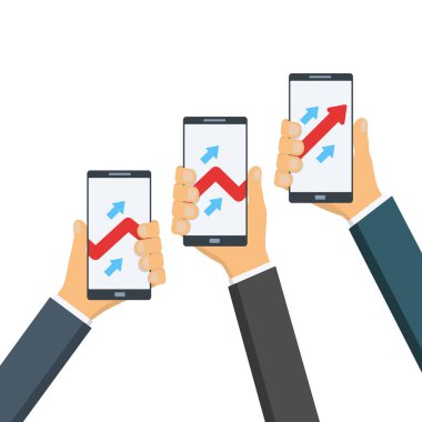 Ortaklık kavramı. İşadamları bir gadgets, grafikler üstünde belgili tanımlık perde ile telefonları tutun