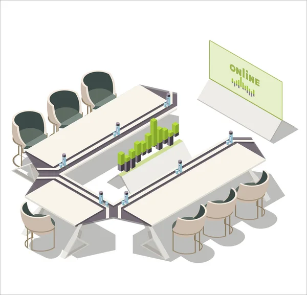 Vektor isometrisches Büro, Besprechungsraum, Konferenzraum Innenraum. TV-Bildschirm mit Diagrammen, Diagrammen, Bürostühlen, Ständer mit 3D-Diagramm, Möbeln. — Stockvektor