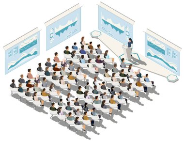 İş konferansı. İş sunumu. Kadın konuşması. Göstergeler ve programlama süreci, koçluk. Vektör izometrik, 3d, illüstrasyon.