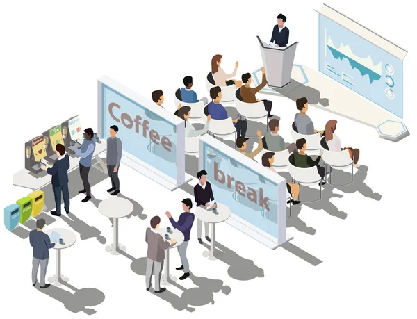 İş konferansı. İş sunumu, toplantı odası. Tribün, sahne, ekranda bilgi, kahve molası alanı konularında iş eğitimi ya da ders kavramı. Vektör izometrik, 3d, illüstrasyon.