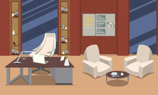 Vektor kontor interiör med arbetsplats. Anställda arbetsplatser, skrivbord rad med bärbar dator, surfplatta Pc, stol, fönster. — Stock vektor