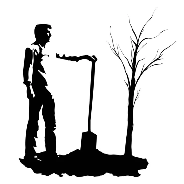 Konzept für ein neues Geschäftsprojekt. Den Grundstein für die Zukunft in Form eines Baumes legen. Silhouette eines Mannes pflanzte einen Baum. Arbeit im Garten. Vektor — Stockvektor