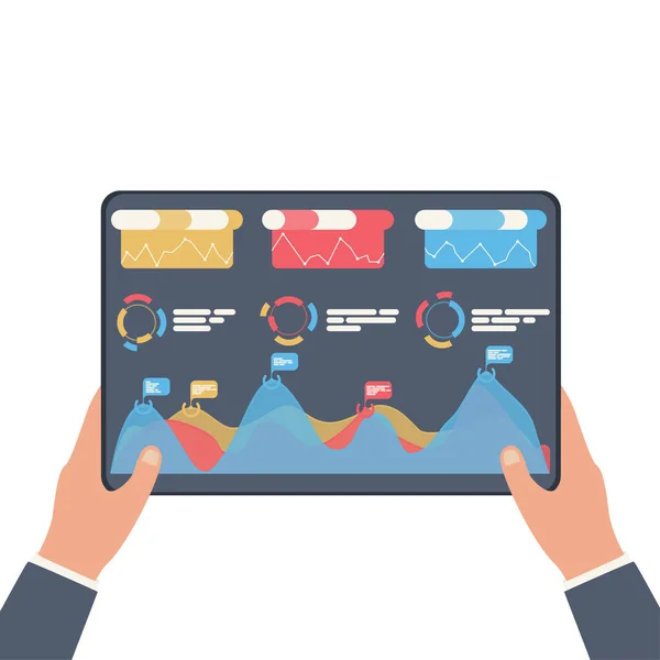 Bir işadamının elinde tablet üzerindeki dijital grafik ve grafikler şeklinde sunulan istatistiksel veriler. Mali analiz iş konsepti ekranda. Vektör illüstrasyonu, düz tasarım.
