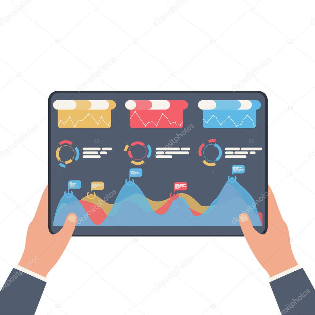 Statistical data presented in the form of digital graphs and charts on the tablet in the hands of a businessman. Financial analysis business concept on screen. Vector illustration, flat design.