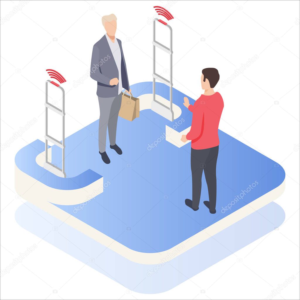 Man goes through anti-theft sensor gates. System reports theft. Security system detect barcode and notify. Isometric, vector, illustration.