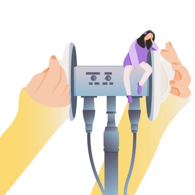 ASMR kavramı. Eller sensörlere dokunuyor, tetikleyiciler ve kız dinliyor. Blog yazarının masaj yapması, fısıldaması, hışırdaması. Özerk duyusal meridyen tepkisi. Vektör Resimleri, izole.