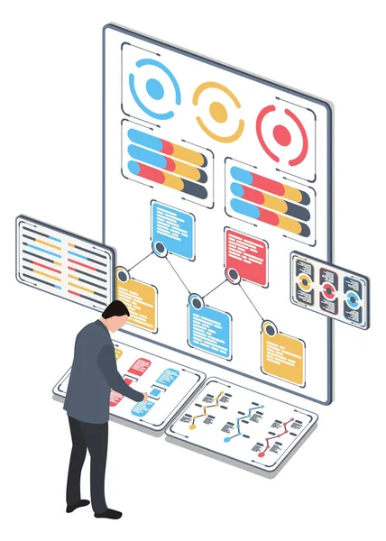 Человек со статистическими данными. Инфографика представлена в виде цифровых графов и графиков на планшете. Бизнес-концепция финансового анализа на экране. Статистика продаж. Векторная иллюстрация, изометрическая . — стоковый вектор